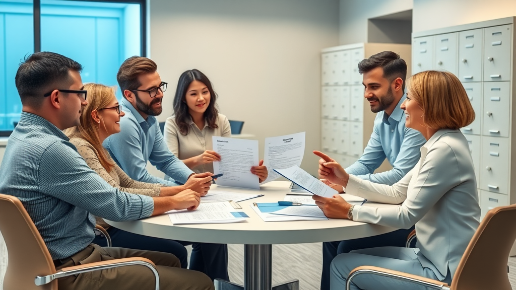 Clients and legal doc shop professional collaborating over legal paperwork.