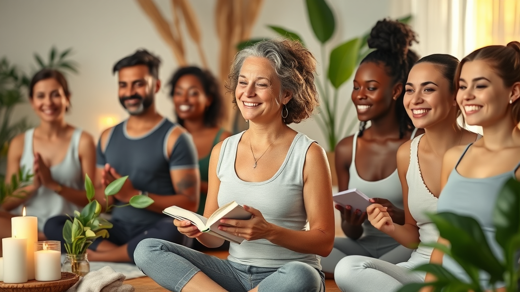 Group practicing mindfulness, journaling, holistic wellness lifestyle together.