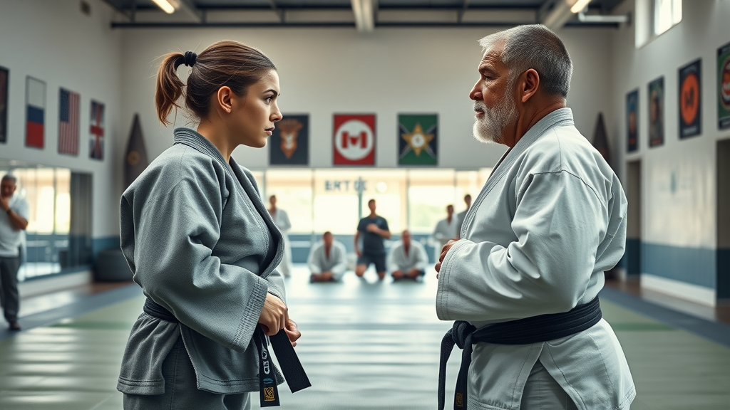 Focused jiu jitsu athletes preparing to spar on a mat, gym in background.