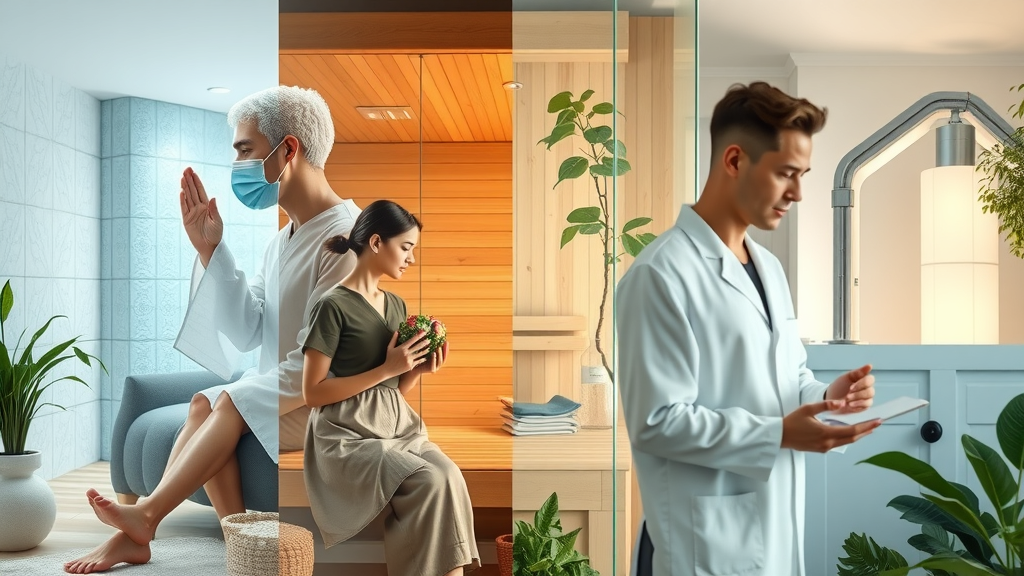 Collage of natural healing therapies like cryotherapy, sauna, and counseling in modern setting.