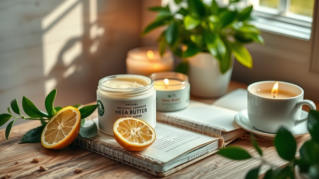 Holistic wellness tools: natural shea butter, journal, tea, candle, plant decor.