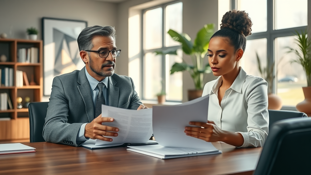 Clients consulting about justice with legal documents at modern law office desk