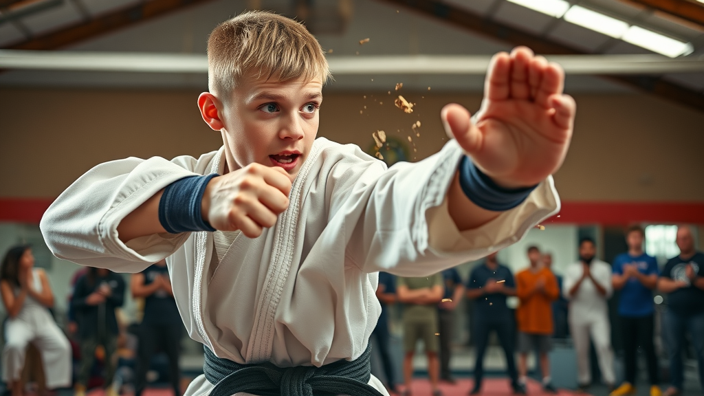 Martial arts mental benefits displayed in confident young martial artist breaking a board