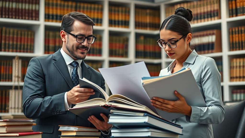 Dynamic multi-disciplinary legal practice attorney team collaborating over law books and case files