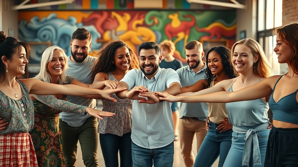 Happy diverse group of dancers holding hands in circle celebrating inclusive dance programs at MCDC