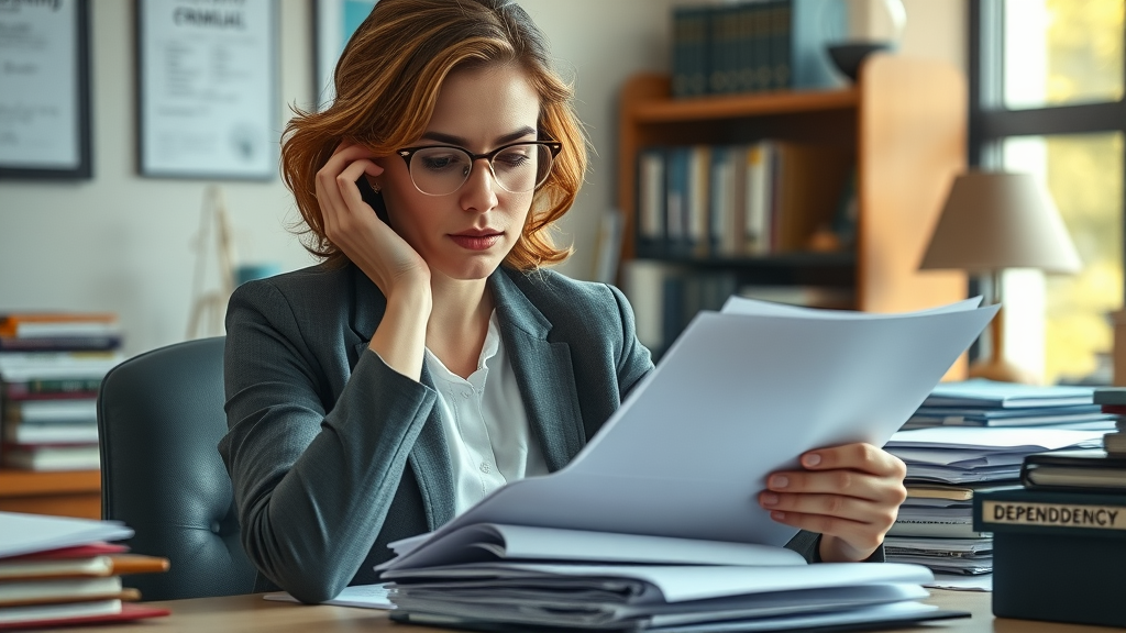 Thoughtful attorney managing overlapping criminal, family, and dependency legal cases in a multi-disciplinary legal practice