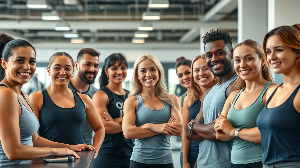 Gym customer service with busy modern gym members and staff interacting positively
