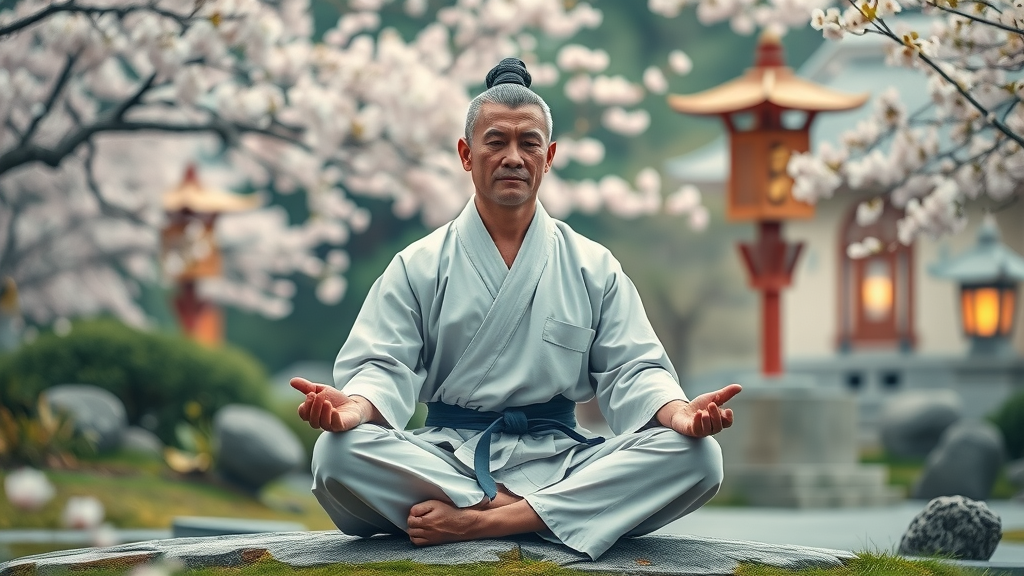Martial arts mental benefits in meditation showcase a serene martial artist meditating in a peaceful Japanese garden