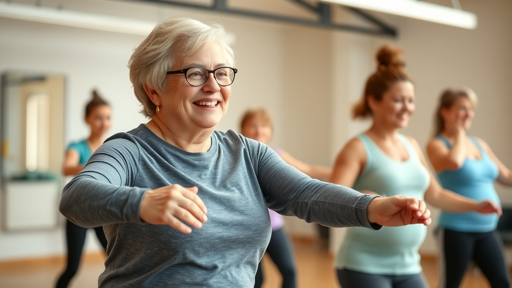 Joyful woman engaging in inclusive low-impact fitness class with women