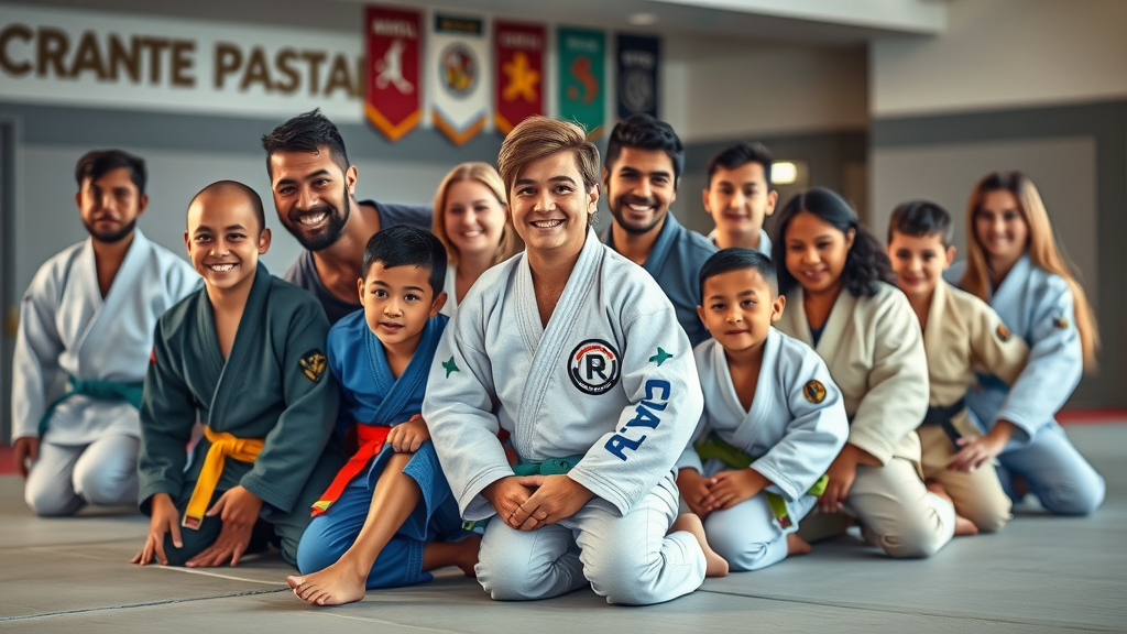 Diverse adults and kids in jiu jitsu gis training together in a bright gym.