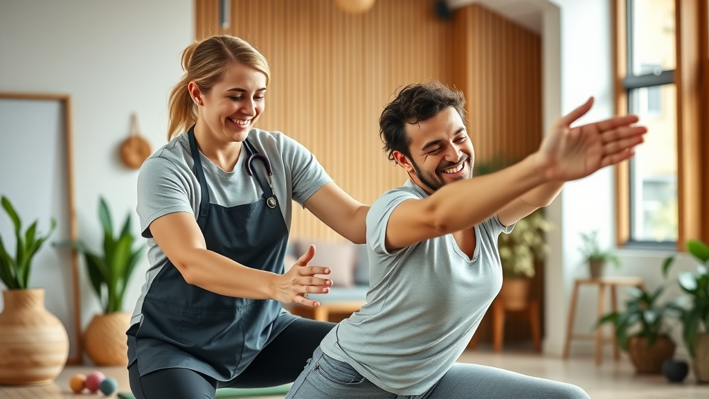 Wellness coach assisting a client with stretching in a bright studio for natural healing.