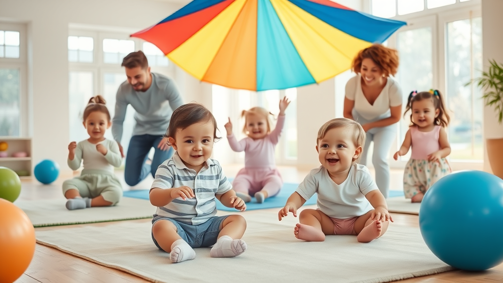 Toddlers and parents in interactive kids gym class with movement activities