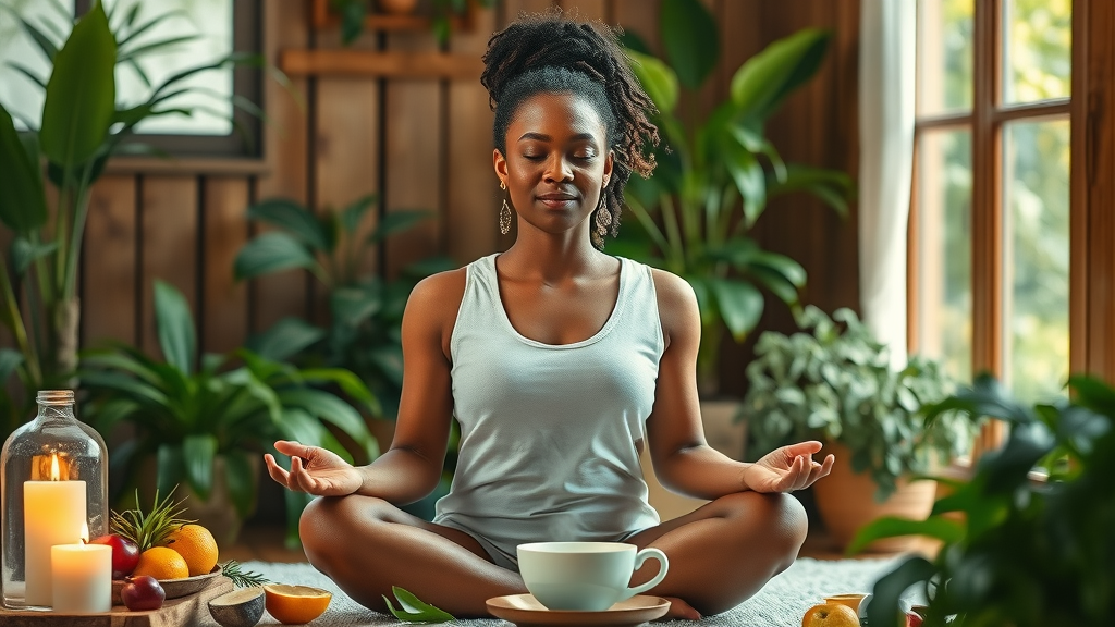 Diverse woman meditating in tranquil setting representing holistic wellness.