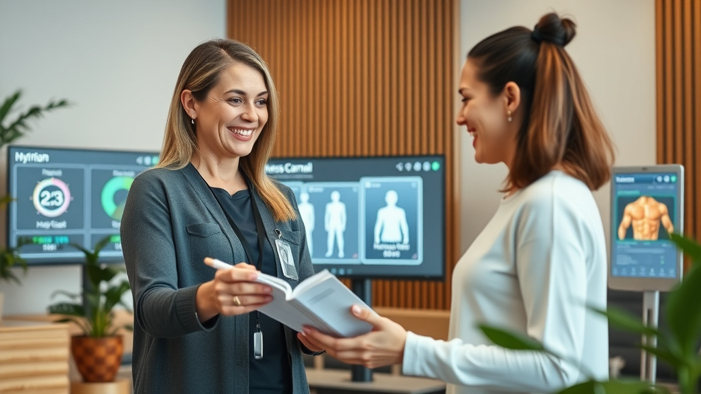 Wellness coach guiding client with journal and body scan, holistic wellness.