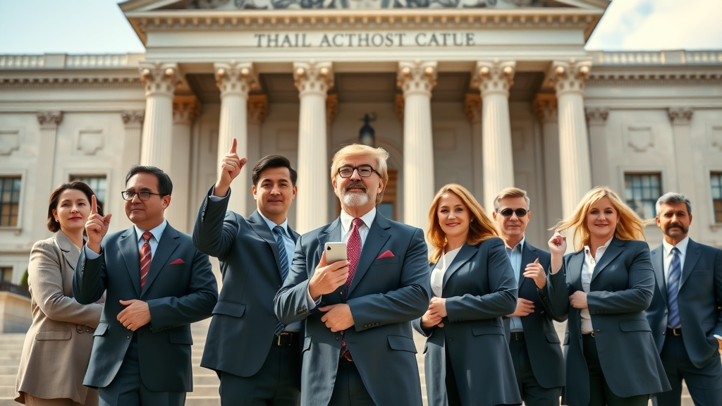 Motivated group of attorneys embracing the multi-disciplinary legal practice in front of courthouse