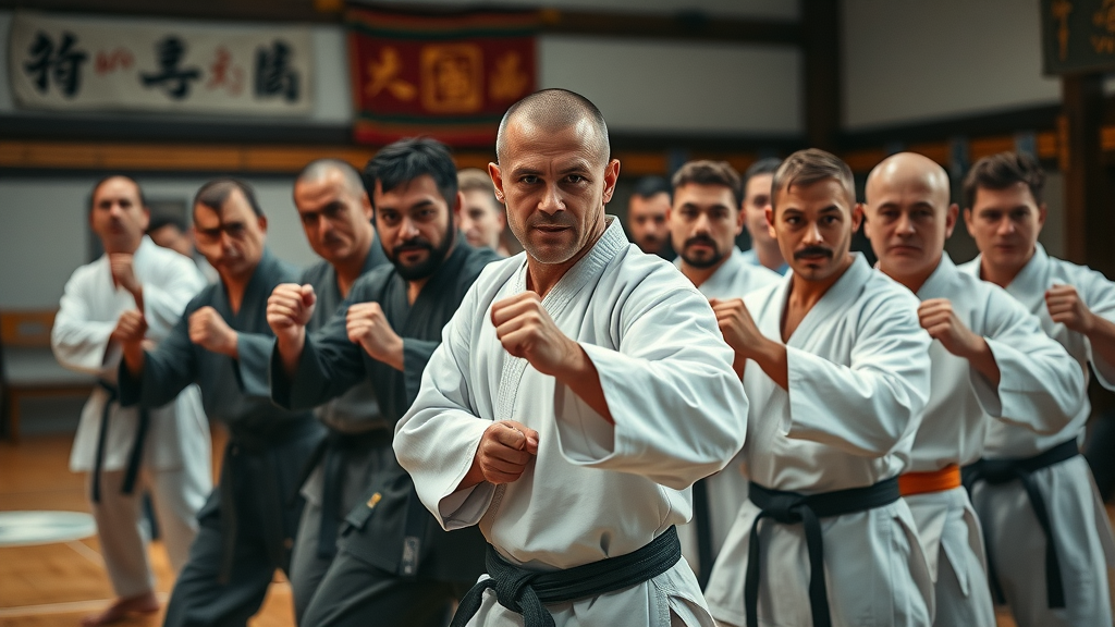 Martial arts mental benefits shown by determined martial artists demonstrating unity and discipline in a traditional dojo