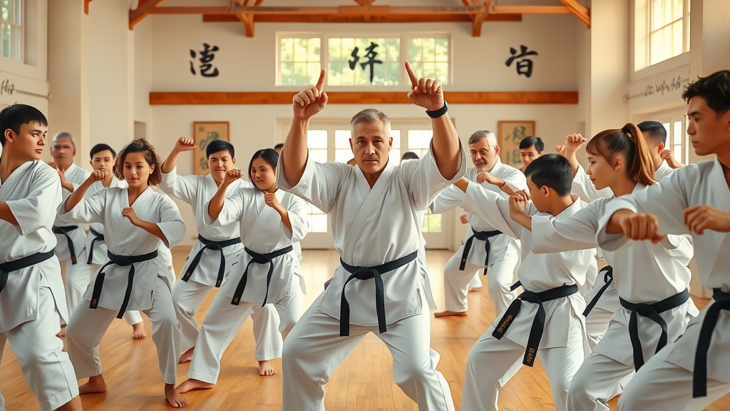 White tiger martial arts group class in sunlit dojo with teamwork and discipline.