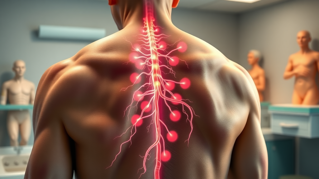 Close up view of muscles in human back with glowing lymphatic vessels showing massage lymphatic system benefits