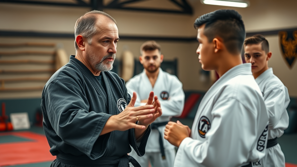Experienced martial arts instructor Daniel coaching students in indoor gym setting, demonstrating focus and engagement