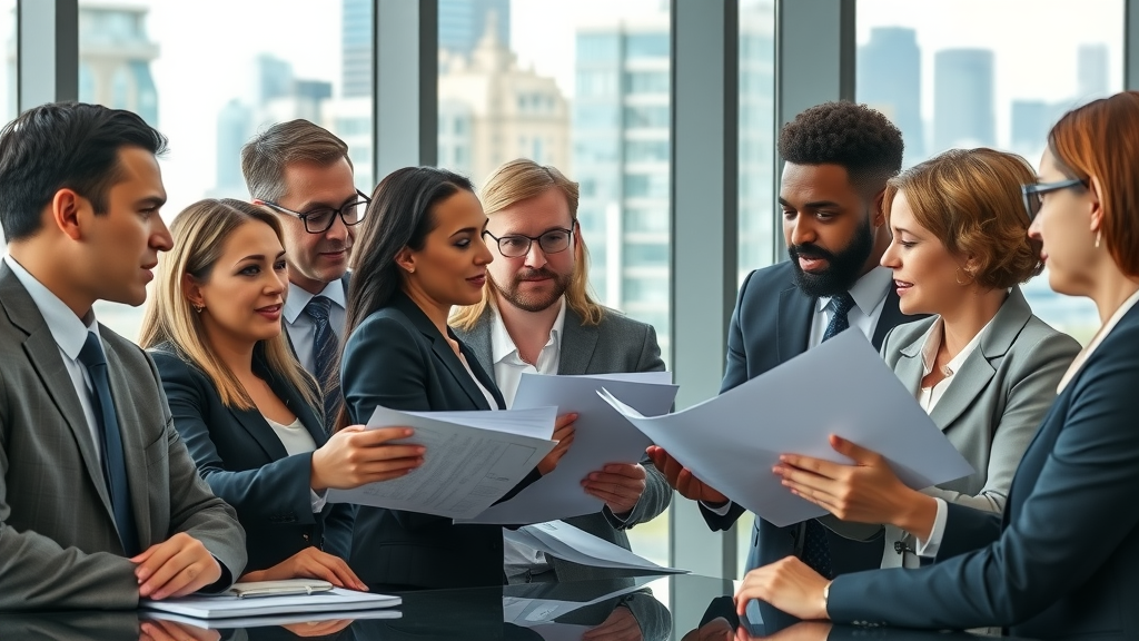 Diverse group of attorneys collaborating in a multi-disciplinary legal practice setting