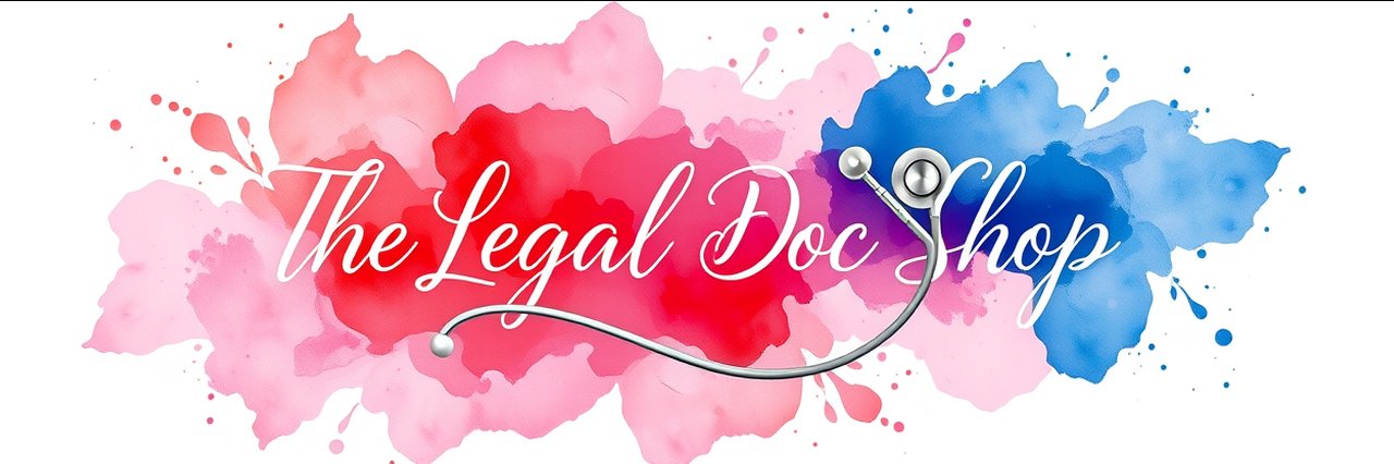 Legal doc shop logo with stethoscope and watercolor splash background