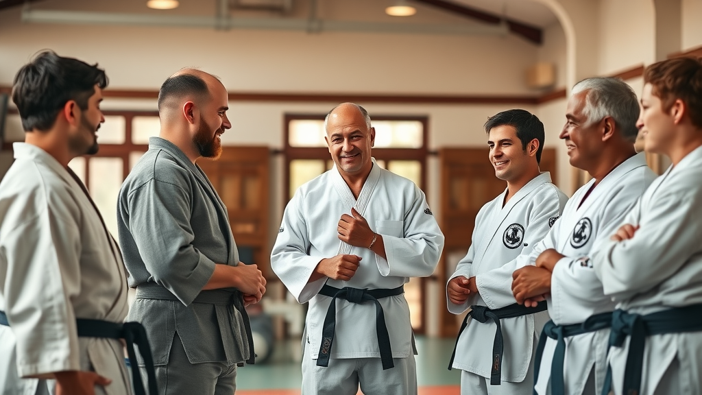 Peaceful martial arts studio with instructor engaging students in relaxed conversation, displaying calm friendly expressions