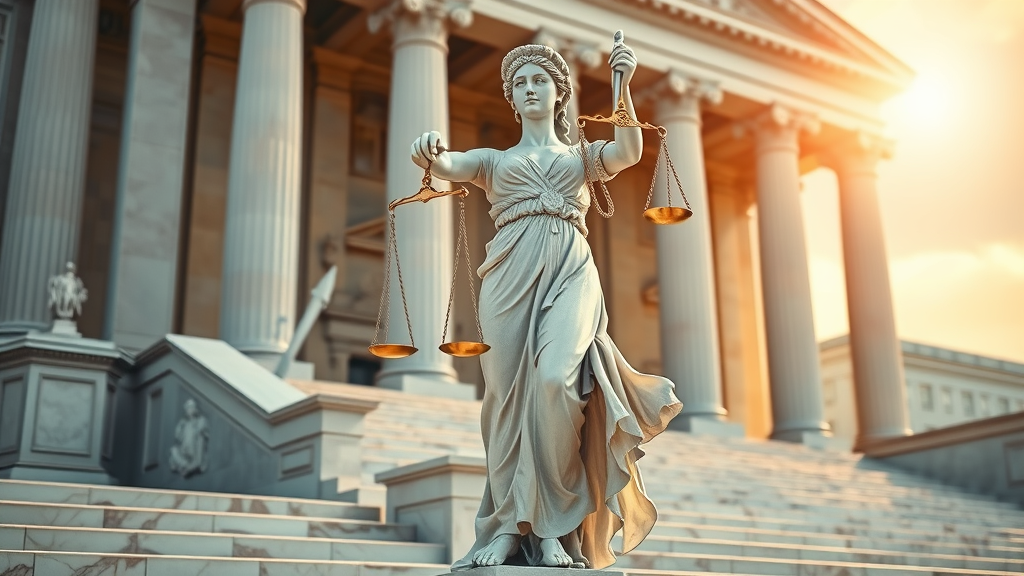Photorealistic Lady Justice statue with scales in front of courthouse, symbolizing justice