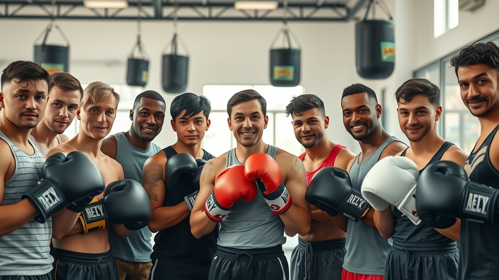 Confident group of diverse boxers building self-esteem through boxing in a bright gym.