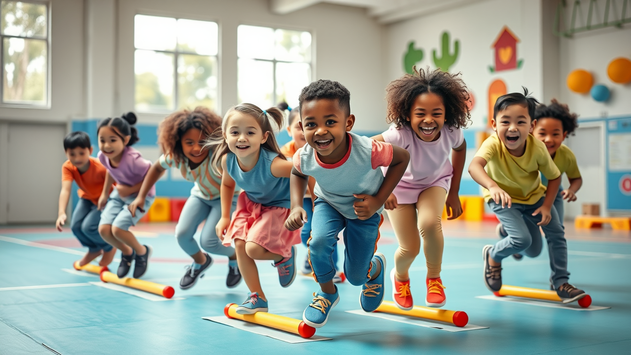 Kids participating in teamwork-based gym activities for fitness and fun