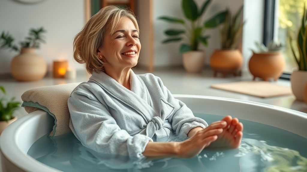Woman relaxing in a serene spa, enjoying an ionic foot bath for natural healing.