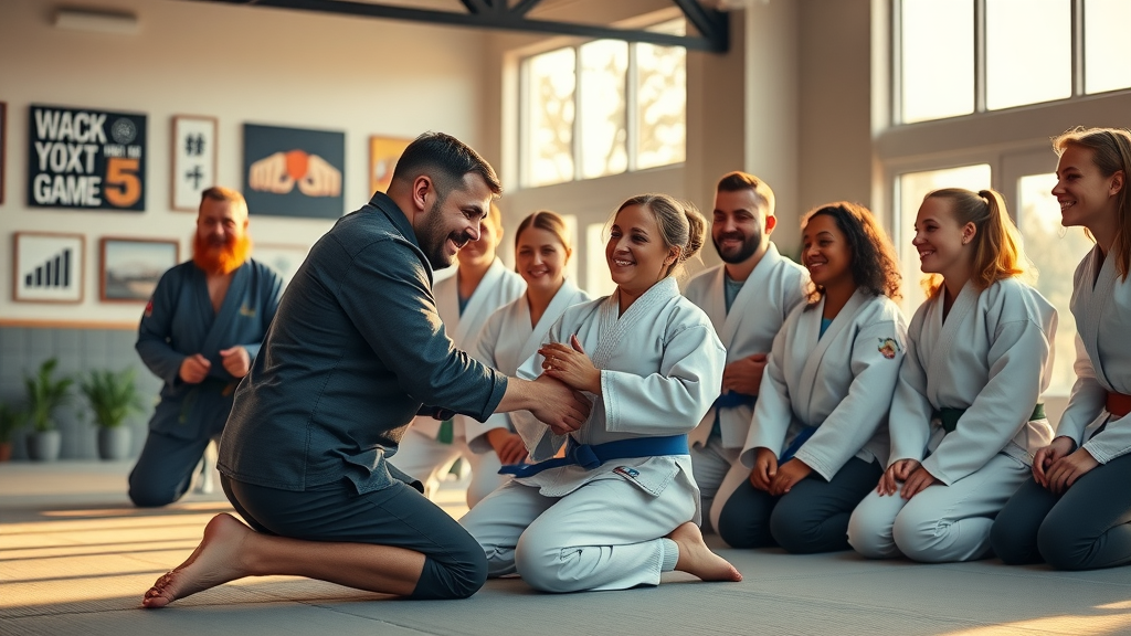Jiu jitsu coach teaching beginners grappling in a bright, friendly dojo.