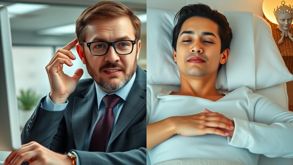 Split screen stressed person versus relaxed person post massage illustrating massage lymphatic system effects