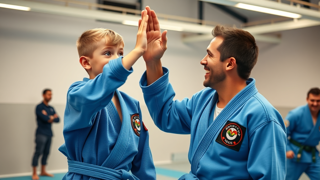 Child and parent high-five after jiu jitsu class in a welcoming dojo.