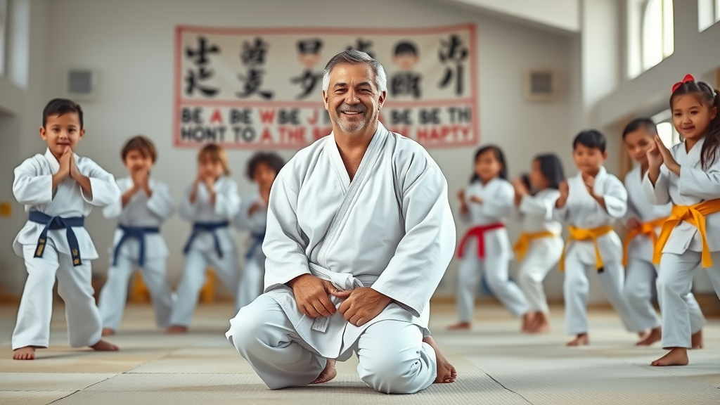Diverse kids and coach learning white tiger martial arts in a bright studio.