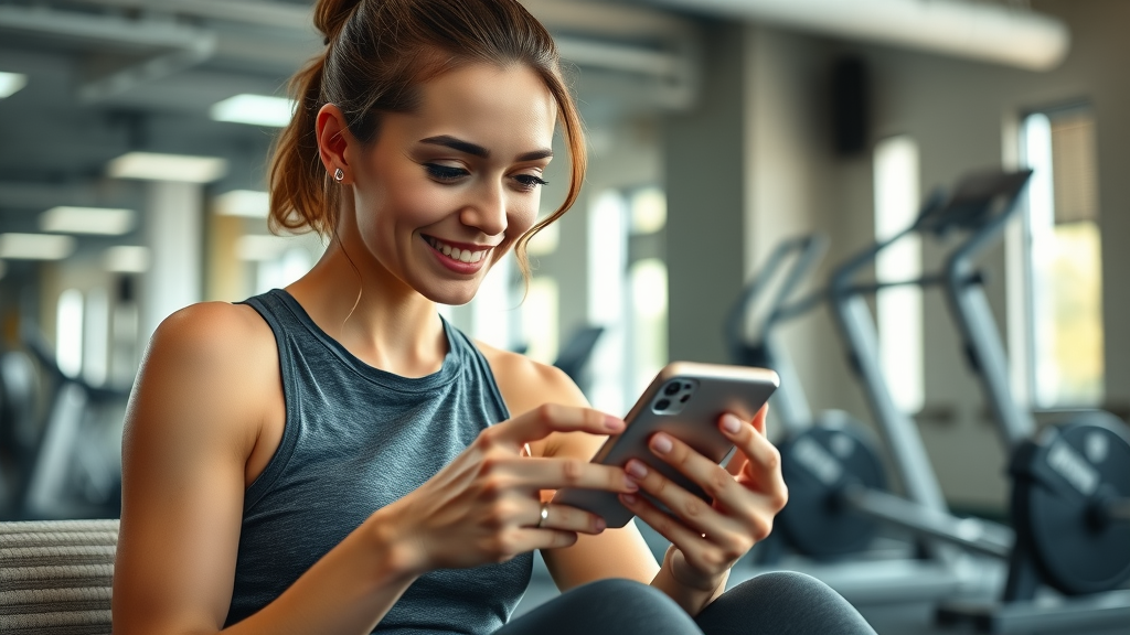 Woman tracking fitness progress with smartphone app following women