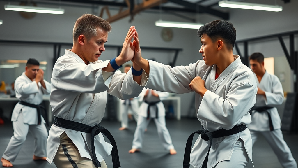Action shot inside martial arts class with students paired for drills and instructor supervising in gym environment