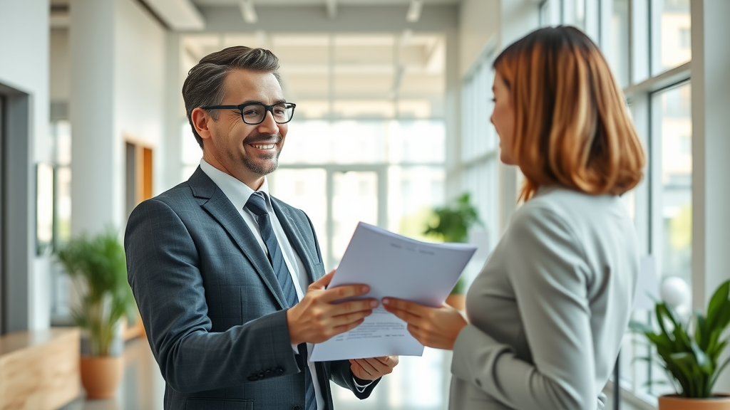 Professional greeting client in modern legal doc shop office with paperwork.