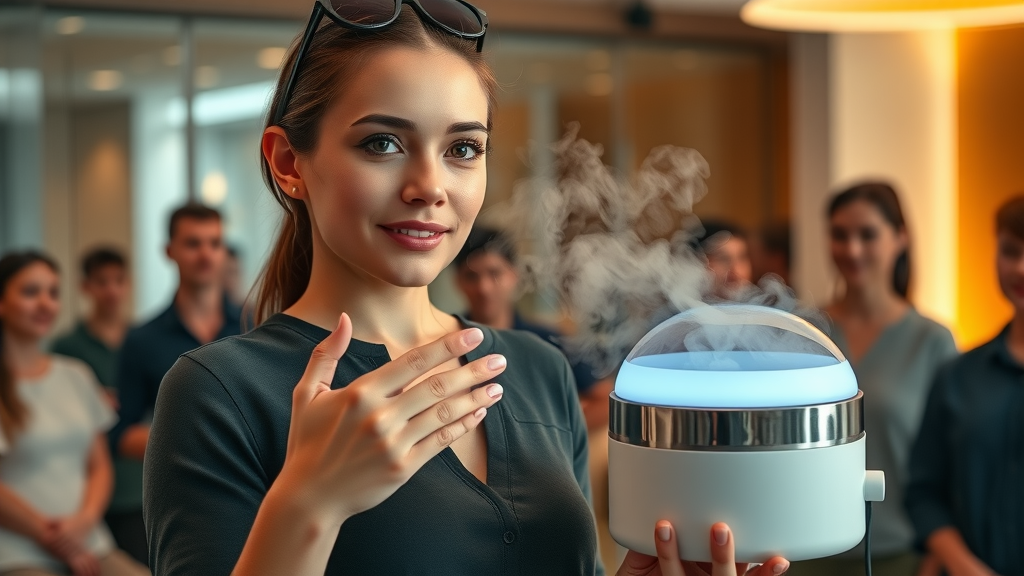 Thermotherapy expert insights: female entrepreneur presenting custom steam therapy device