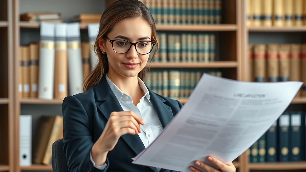 Confident female attorney reviewing complex multi-disciplinary legal documents