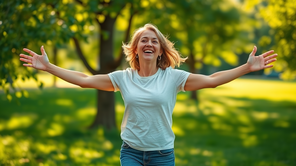 Happy healthy adult enjoying nature representing benefits of massage lymphatic system care