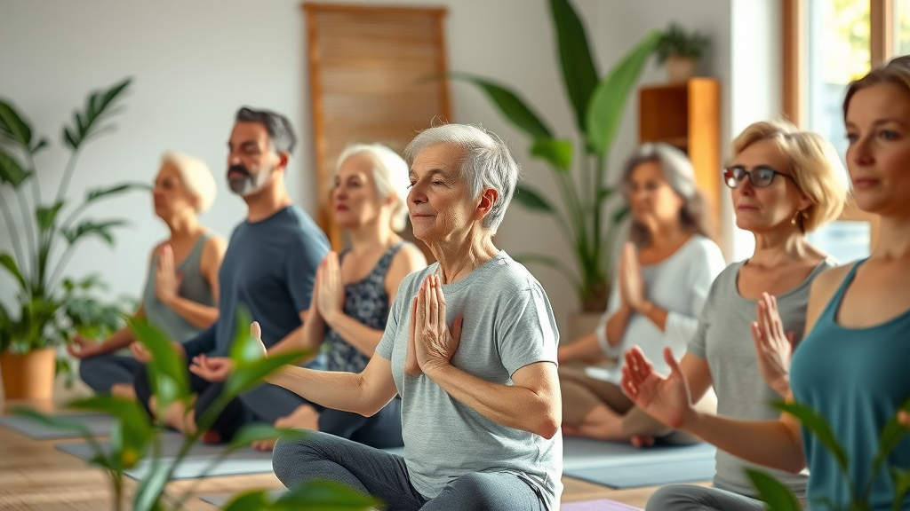Diverse group meditating and stretching in a sunlit wellness studio promoting natural healing.