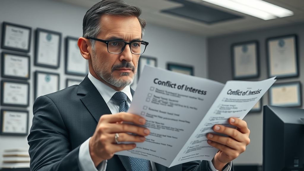 Attorney carefully reviewing conflict of interest checklist in multi-disciplinary legal practice