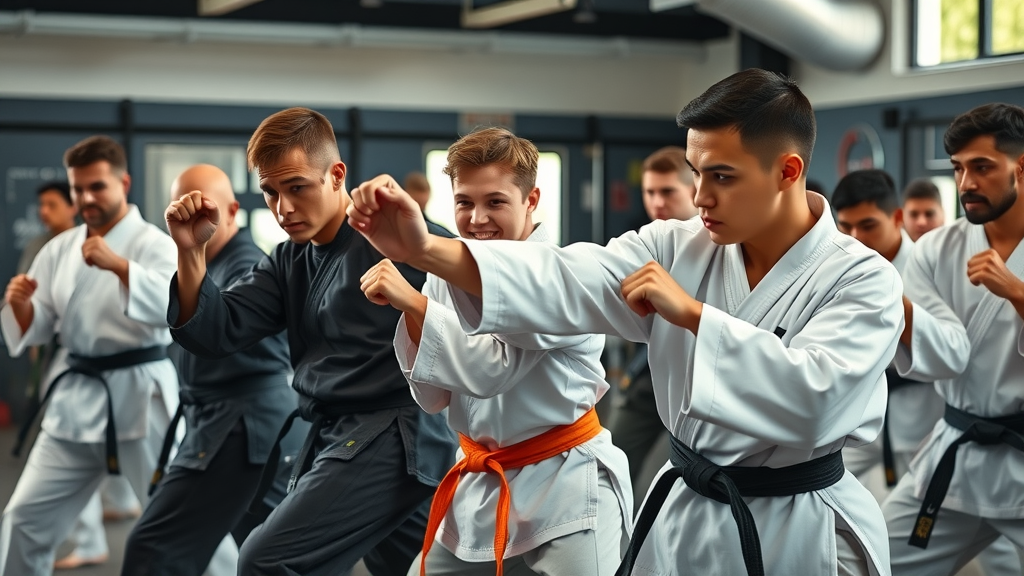 Dynamic martial arts class with diverse students training with personalized focus in modern gym environment