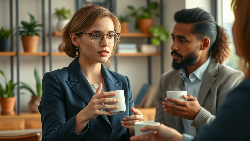 Attorney discussing justice with clients in a welcoming café environment