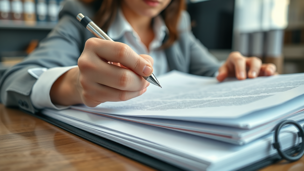 Closeup of paralegal reviewing legal documents at legal doc shop desk.