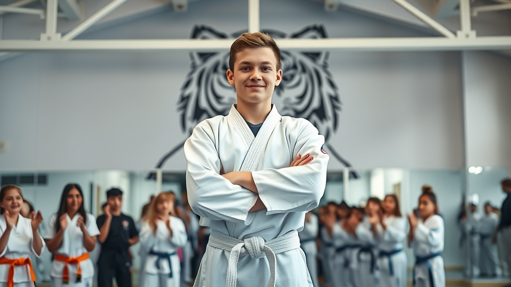 Proud teen and peers at white tiger martial arts gym with powerful white tiger mural.