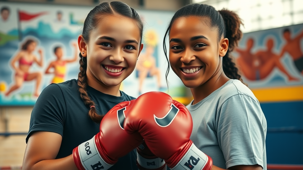 Young girl and coach bonding while gaining confidence through boxing in gym.
