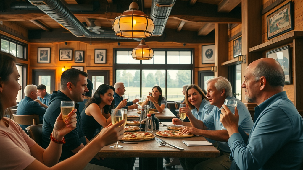 Apple Valley Golf Evolution - vibrant scene of The Course Bistro with people enjoying pizza and drinks