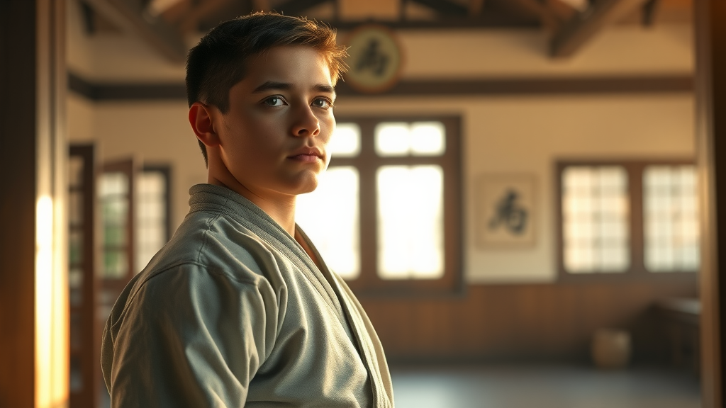 Aspirational martial arts student looking confidently ahead standing in dojo doorway illuminated by golden sunlight