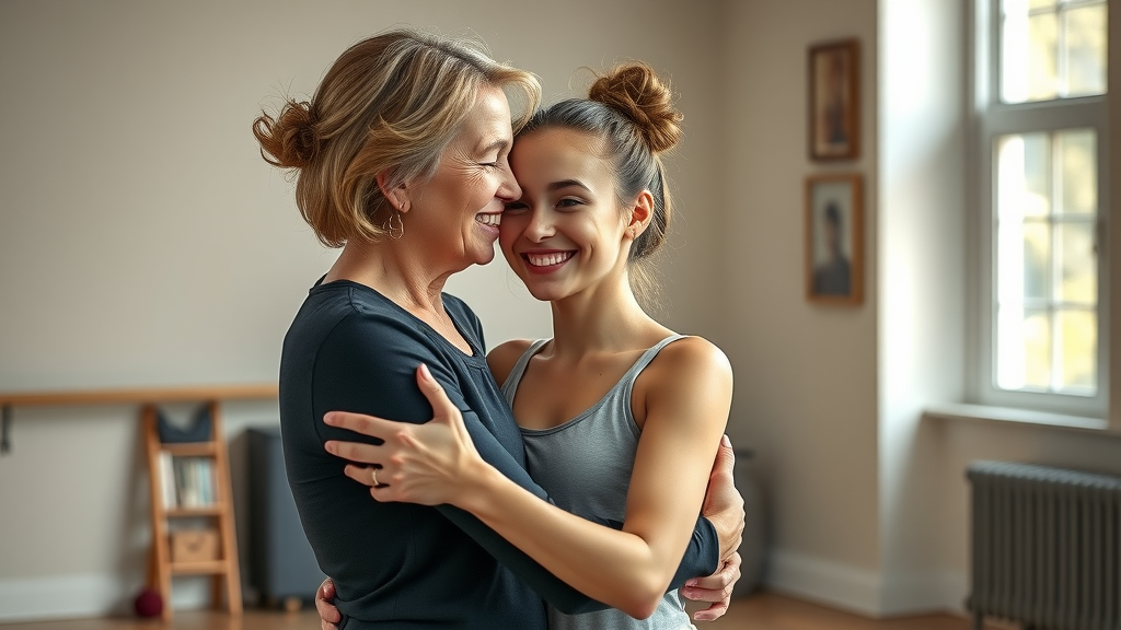 Inspiring dance teacher embracing student after class in MCDC inclusive dance program